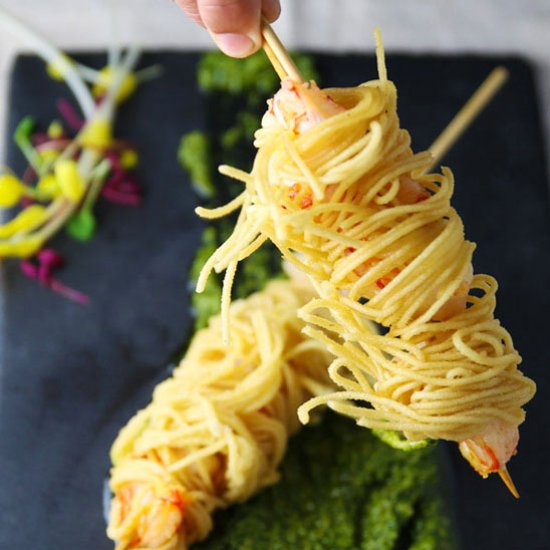 Deep Fried Shrimp Skewers Spaghetti