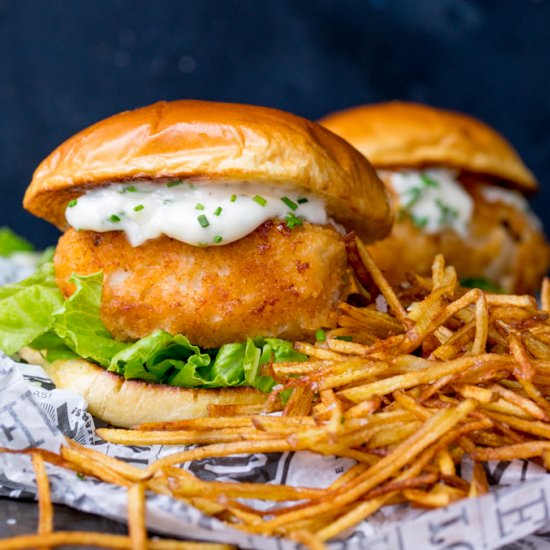 Fish burger with shoestring fries