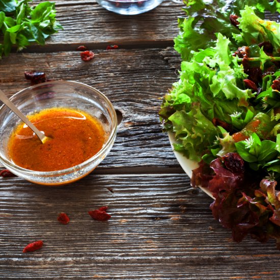 Superfood salad and rosehip dressing