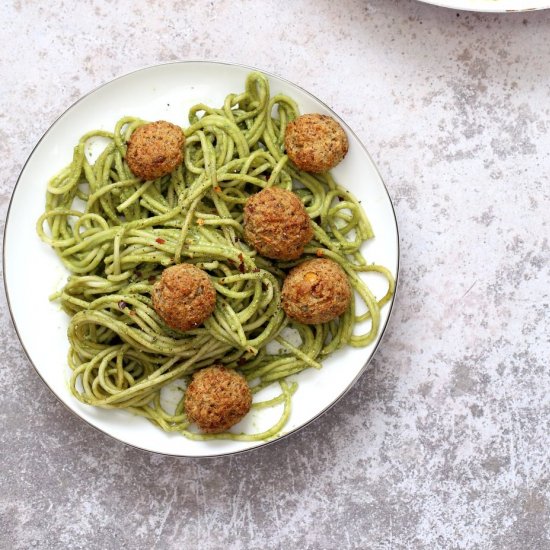 Pesto spaghetti vegan meatballs