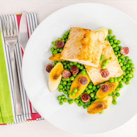 Pan Fried Cod with Peas and Leeks