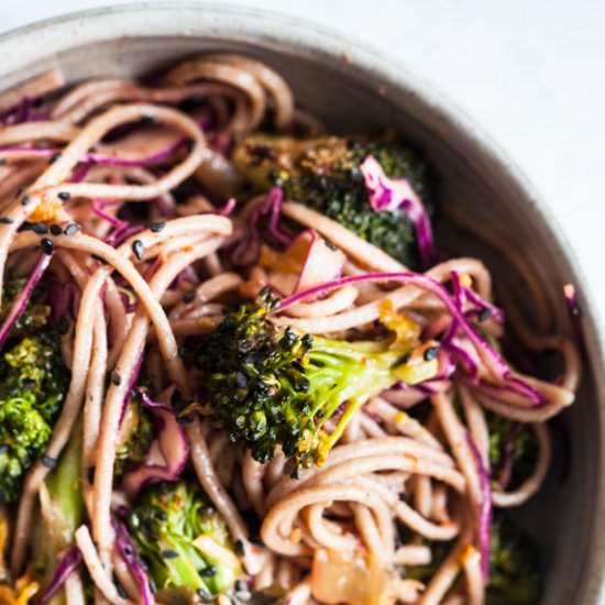 Roasted Broccoli Kimchi Noodles