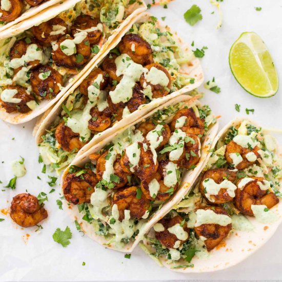 Shrimp Tacos with Creamy Taco Slaw