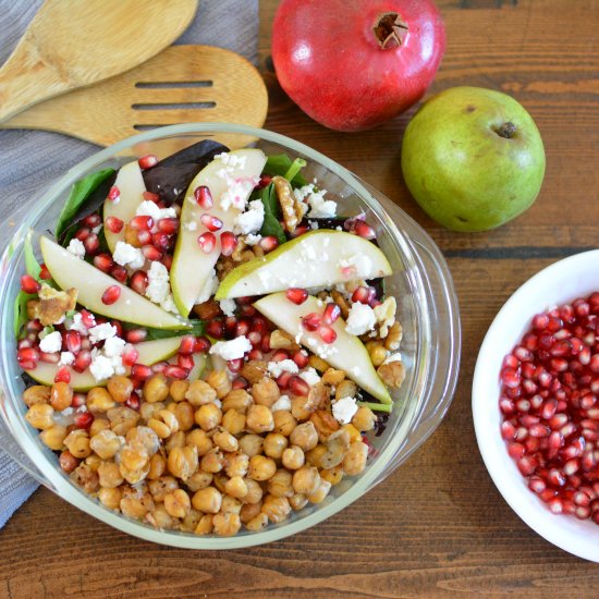 Chickpea, pomegranate, and pear salad