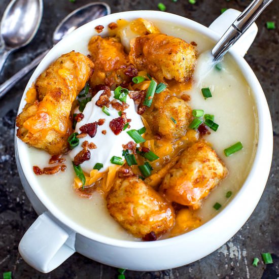 Loaded Potato Soup with Cheesy Tots