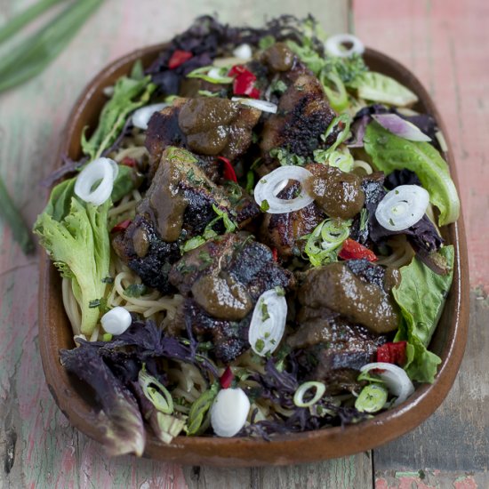 Crispy pork with rhubarb sauce