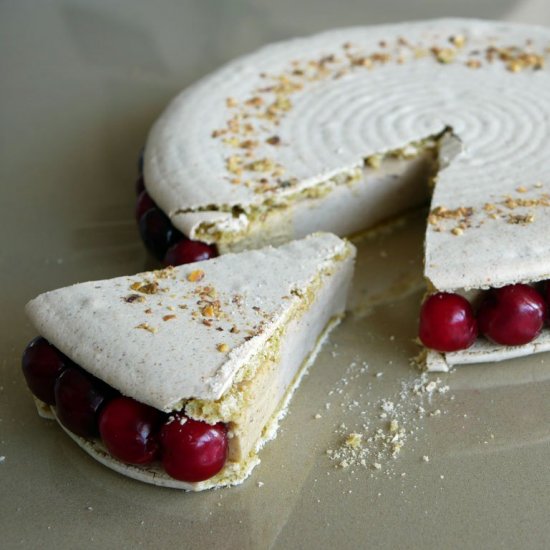 Pistachio and cherry macaron cake