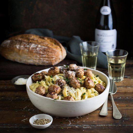 pasta with fennel, onion, and meatballs