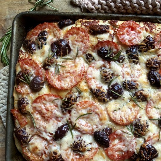 cheesy focaccia with tomato & olive