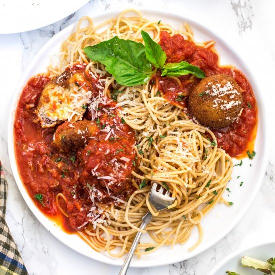 Meatless cheese balls spaghetti