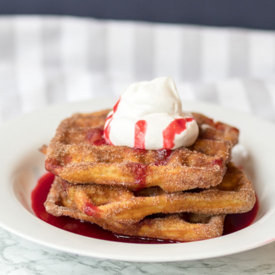 Churro Waffles with Raspberry Sauce