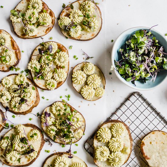 Potato Rounds with Edamame Hummus