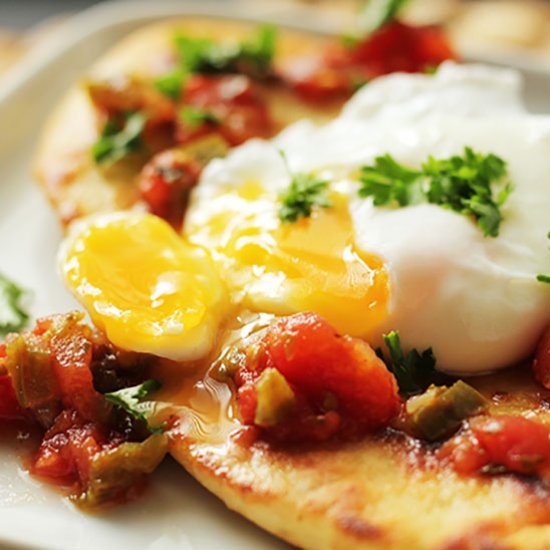 Poached eggs on homemade flatbread