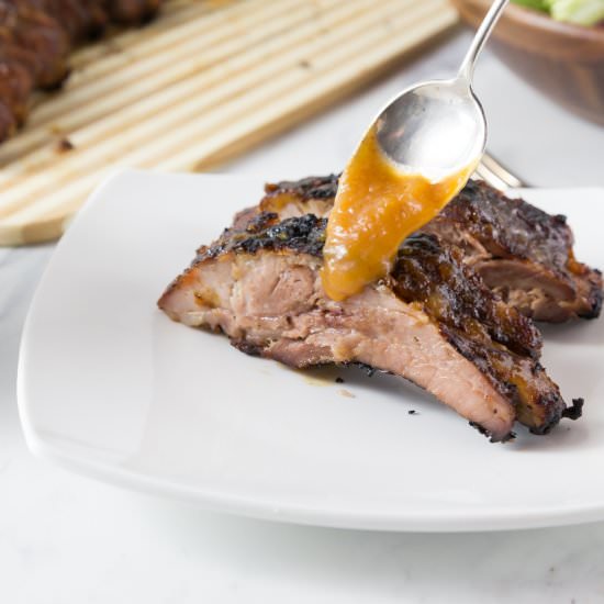 Sweet & Spicy Peach Bourbon Ribs