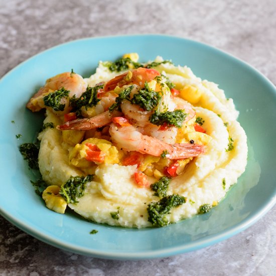 Garlic Shrimp with Ackee Grits