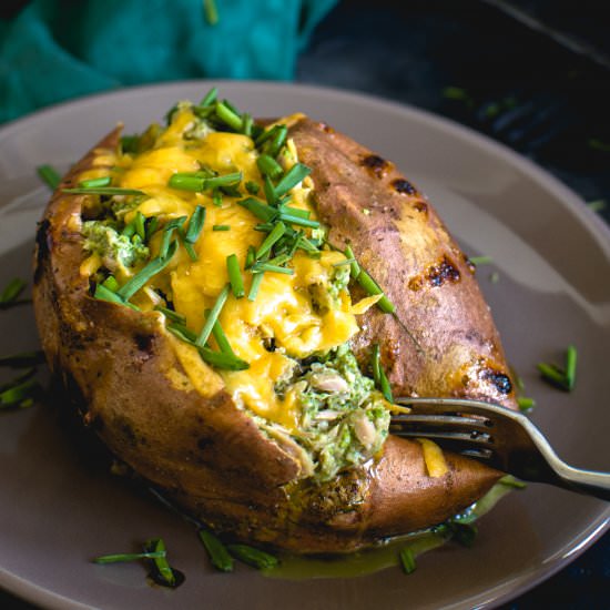 Pesto tuna baked sweet potato