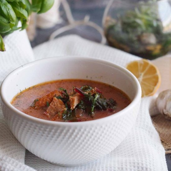 Young beet soup with oyster mushroo