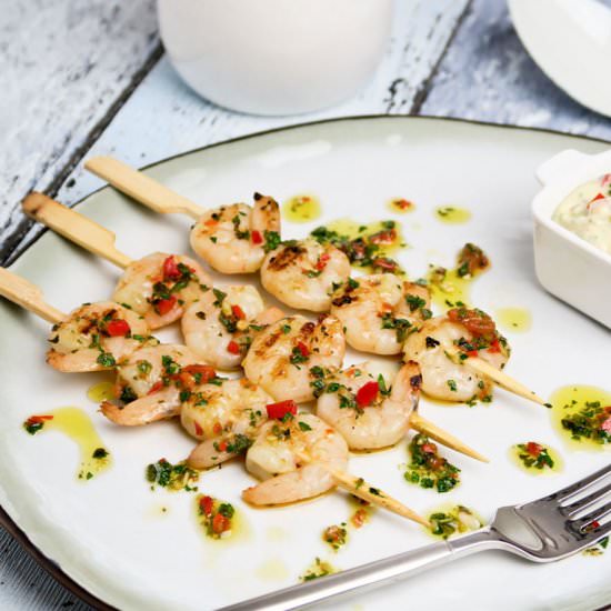 Prawn skewers with chimichurri