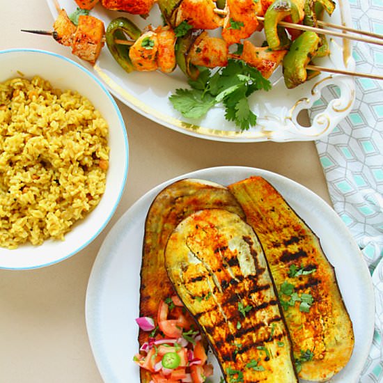 GRILLED EGGPLANT & FISH KEBABS