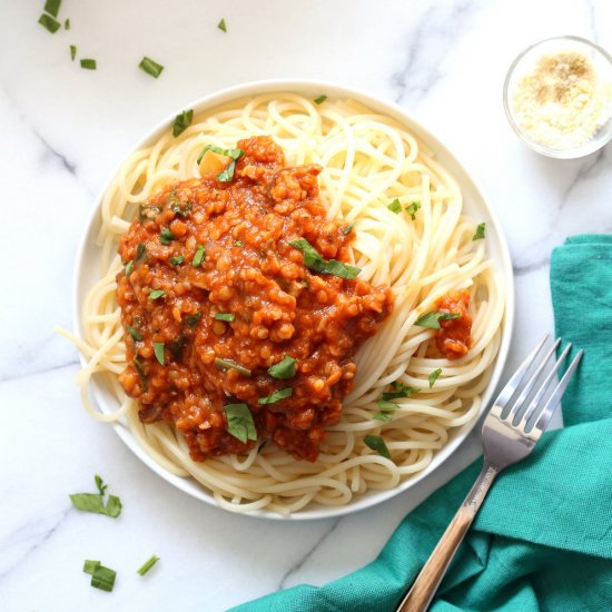 lentil bolognese with spaghetti