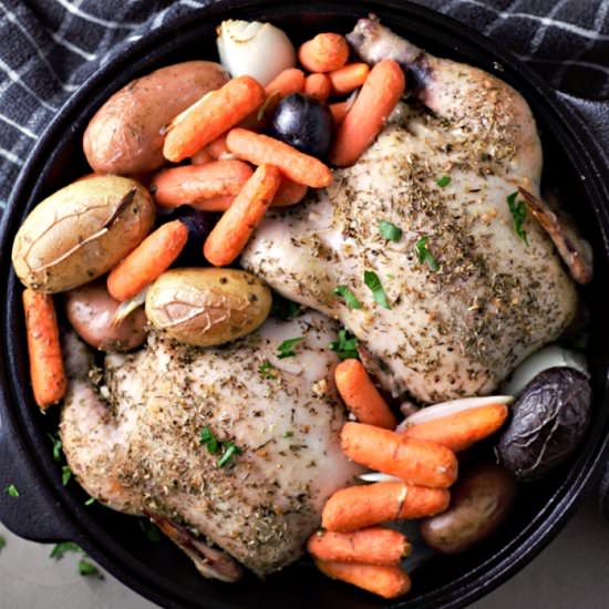 One Skillet Roasted Hens and Veg