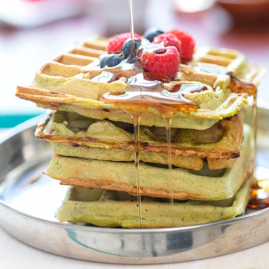 Vegan Waffles with Kale, Raspberry