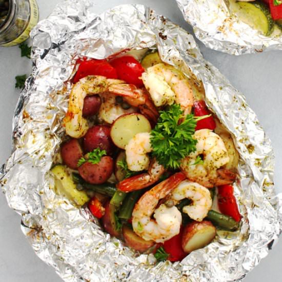 Foil Pack Creamy Pesto Shrimp