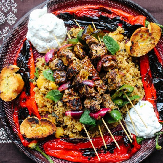 Greek pork souvlaki & bulgur pilaf