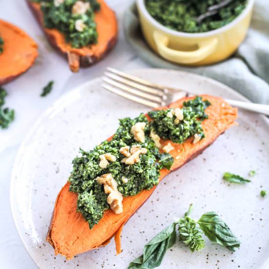 Kale Pesto Stuffed Sweet Potatoes