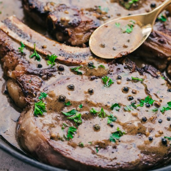 RIB EYE STEAK WITH PEPPERCORN SAUCE