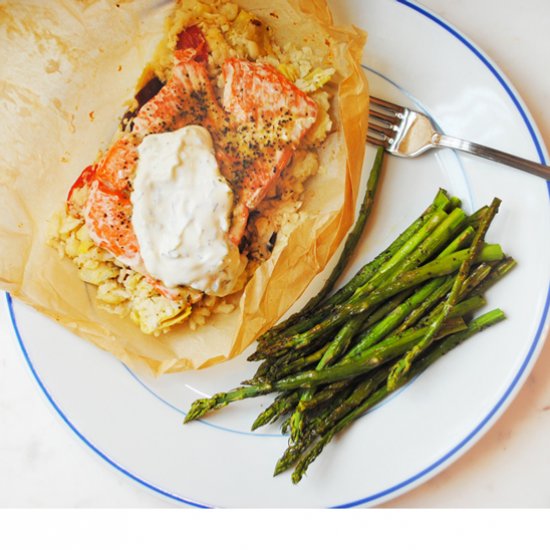 Salmon Parchment Greek Cauliflower