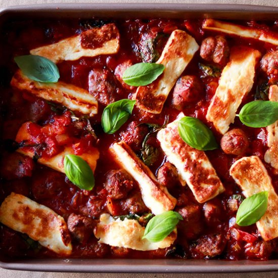 Halloumi Lamb Sausage Tomato Stew