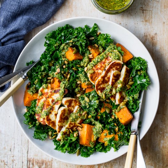 Halloumi Kale Salad with Pesto