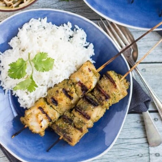 Cilantro Turmeric BBQ Fish Skewers