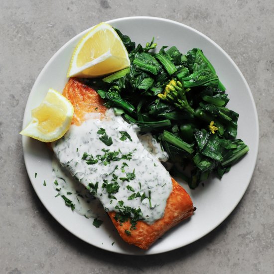 salmon w/ herby tahini yogurt sauce