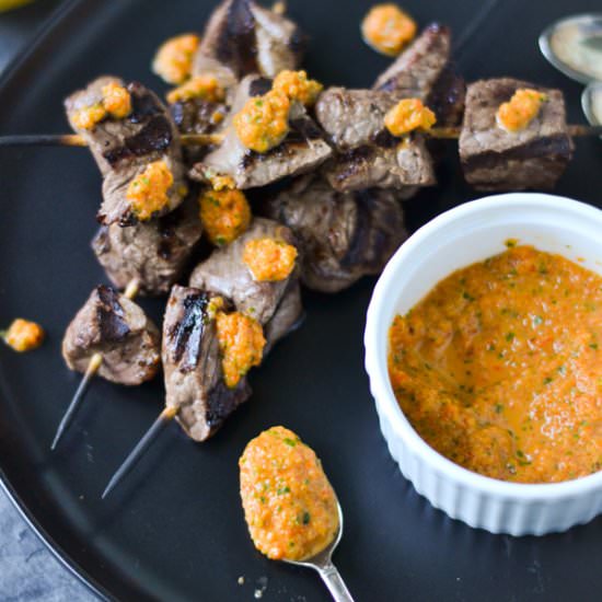 Steak Kabobs with Red Pepper Sauce