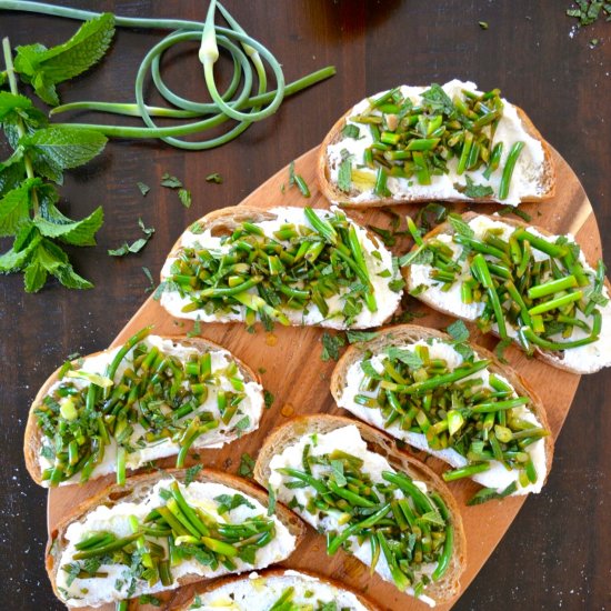 Garlic Scape & Ricotta Crostini