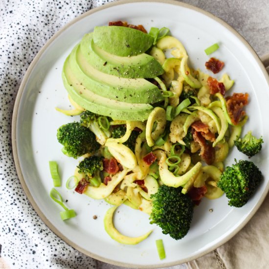 Zoodles with Bacon, Spicy Broccoli