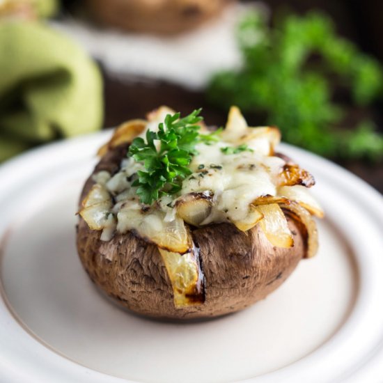 Caramelized onion stuffed mushrooms