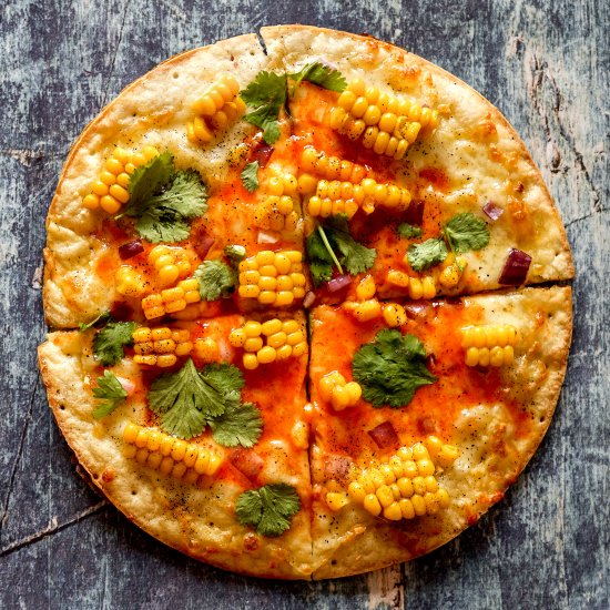 Corn Pizza with Sriracha and Honey