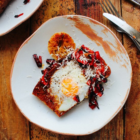 Egg in a hole w/ peppers & parmesan