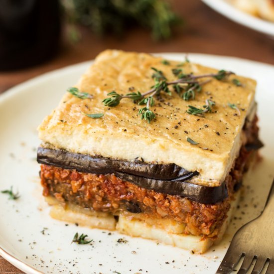 Vegan moussaka with creamy bechamel