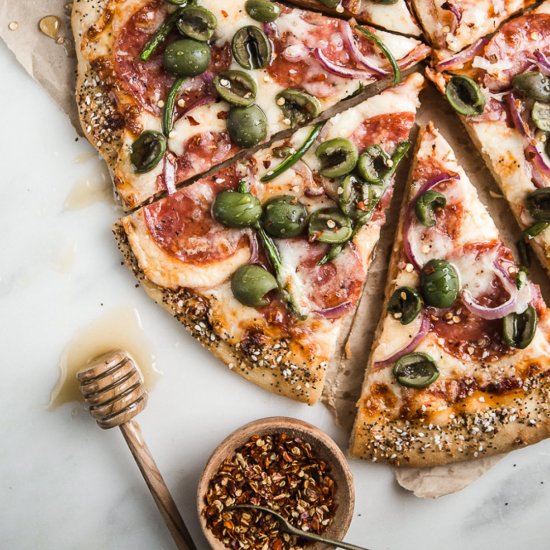 Salami, Jalapeño and Olive Pizza