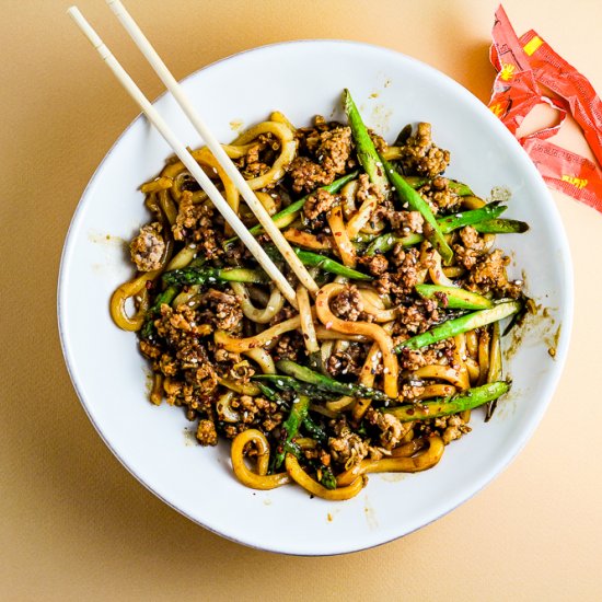 Asparagus Pork Udon Noodle Stir Fry