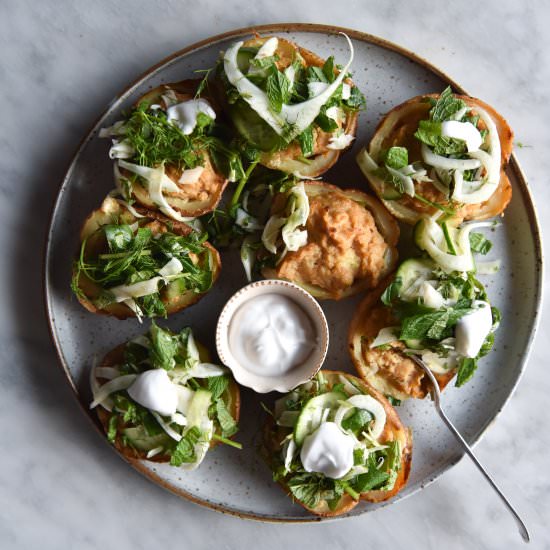 Vegan miso cheesy baked potatoes