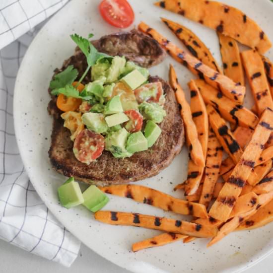 Cumin steak with avocado salsa