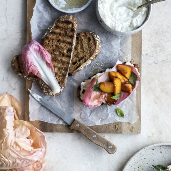 Ricotta, basil and peach tartines