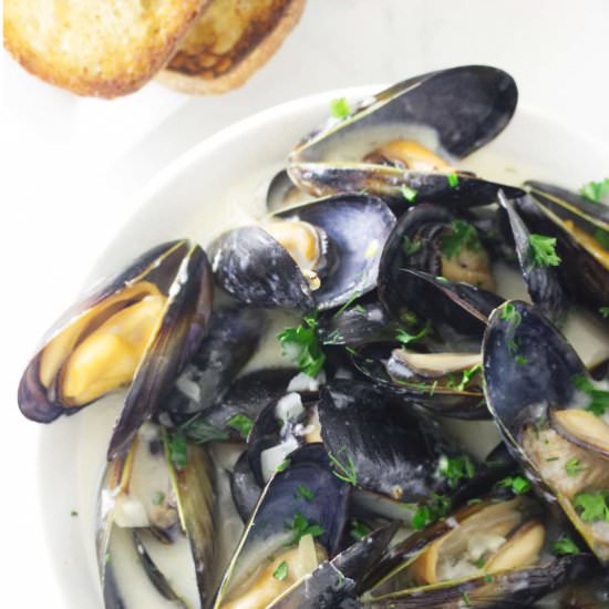 mussels in garlic wine sauce