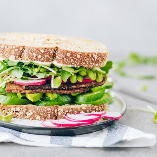 Tempeh Bacon and Veggie Sandwich