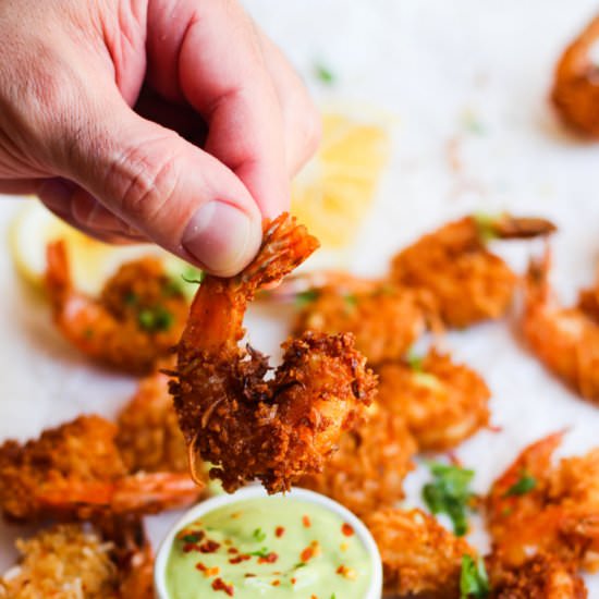 Coconut Shrimp w Avocado Hot Sauce